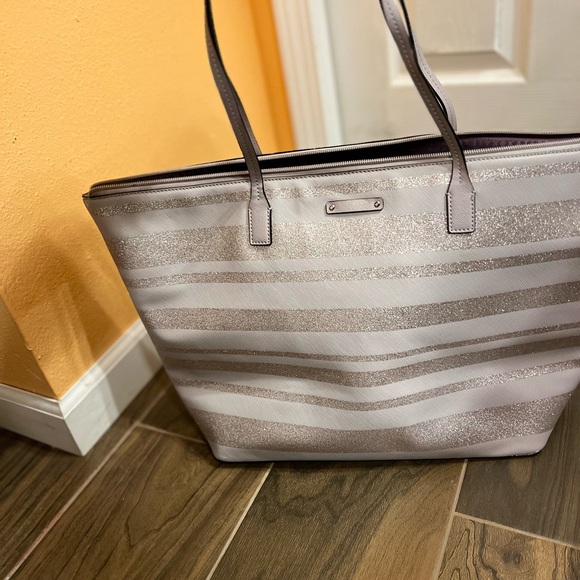 Kate spade Haven Lane hand Glitter stripe taupe gold Shoulder tote Bag. - Picture 2 of 5